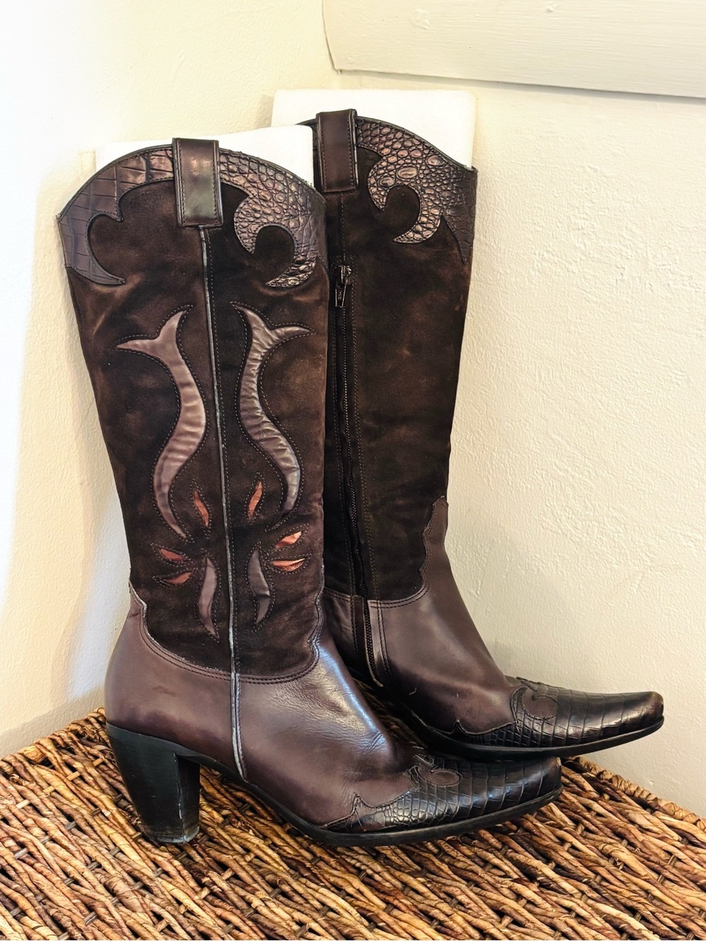 VIC MATIE Vintage Y2K Mixed Leather Suede Patchwork Cowboy Boots 38